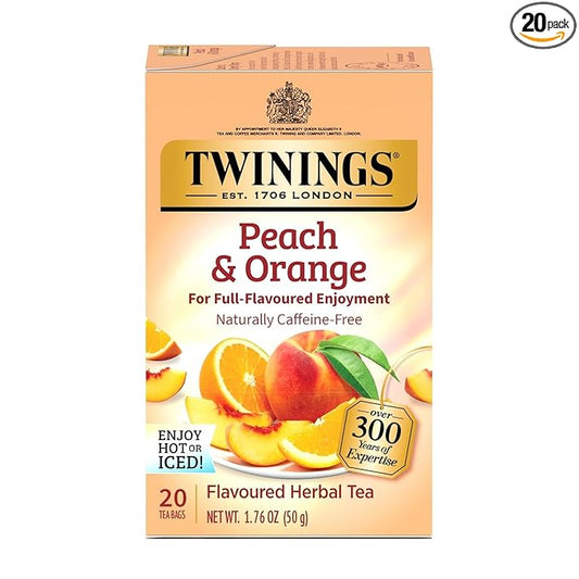 Twinings Peach & Orange Herbal Tea Individually Wrapped Bags, 20 Count (Pack of 1), Juicy & Fruity, Naturally Caffeine-Free, Enjoy Hot or Iced, 20 Teabags