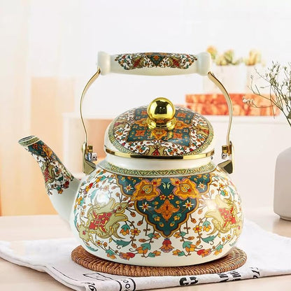 Floral Enamel Tea Kettle Vintage Gold Beige Teapot Colorful Boho Hot Water Coffee Kettle Pot 2.5L Porcelain Tea Pot with Ceramic Handle for Stovetop Hot Water Kitchen Decor