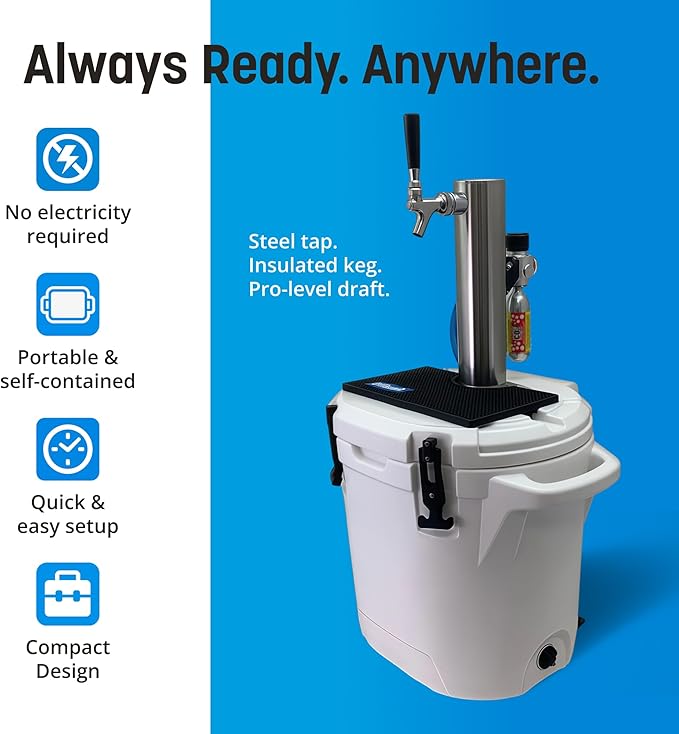 Coldbreak ColdOne Non-Electric Portable Kegerator, 2 Gallon Refillable Keg for Craft Beverages, CO2 Regulator with Stainless Steel Parts, Easy to Fill and Clean, Cold for 5 Days, Made in USA