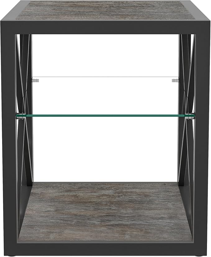 Modern End Table Set of 2 for Living Room 17.7" Bedroom Nightstand, Tempered Glass Shelf & Rustic Wood MDF Top Square Side Tables 2 Pack, Industrial Grey