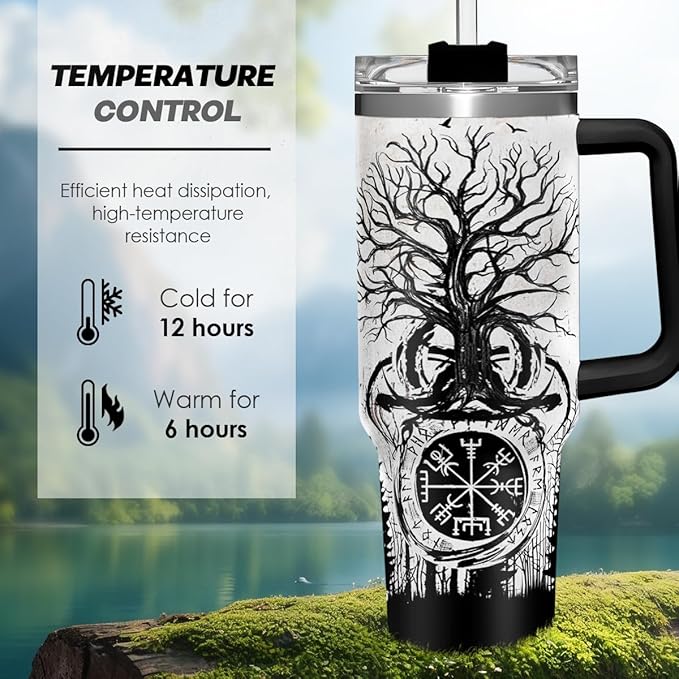 Viking Gifts for Men, 40oz Stainless Steel Insulated Coffee Tumbler With Lid & Straw, Travel Cup Gift for Husband Dad, Christmas Birthday