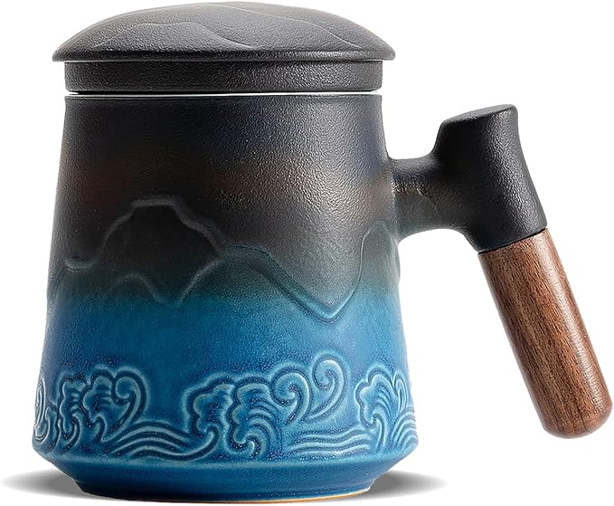ZENS Tea Cup with Infuser and Lid for Loose Leaf Steeping, 16.9oz Embossed Ceramic Tea Infuser Mug, Wood Handle Tea Diffuser, Great Gift