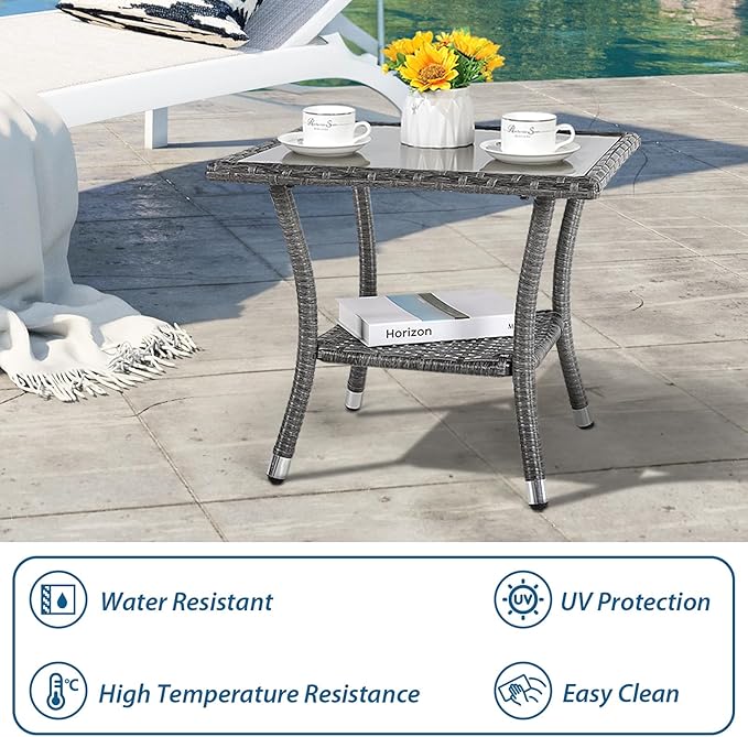Super Patio Outdoor Side Table, 20" Square Wicker End Coffee Table with Tempered Glass Top, Aluminum Frame, Gray