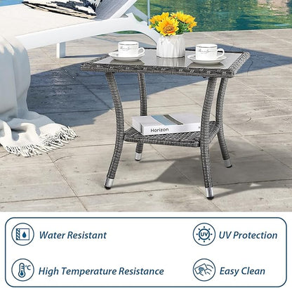 Super Patio Outdoor Side Table, 20" Square Wicker End Coffee Table with Tempered Glass Top, Aluminum Frame, Gray