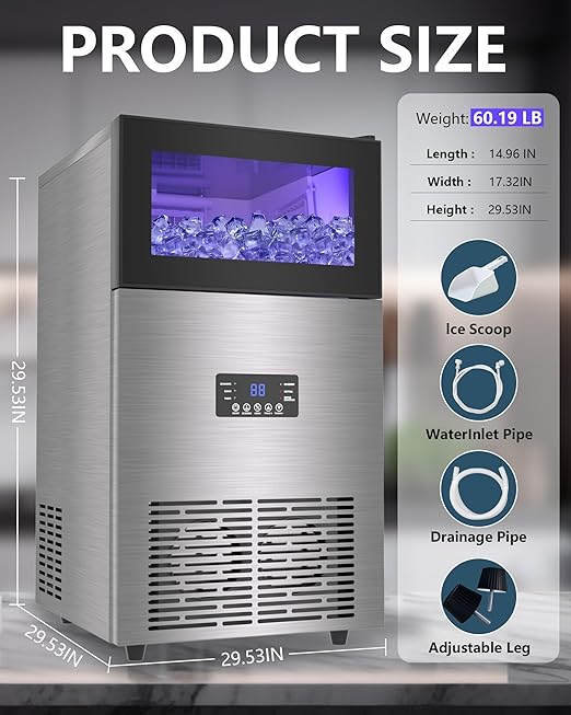 Commercial Ice Maker Machine 𝟏𝟕𝟎 𝐋𝐛𝐬/𝐃𝐚𝐲, Undercounter Ice Makers 40Lbs Storage Bin and 63 Ice Trays, Outdoor Ice Maker Brushed Metal with Water Line, Ice Scoop, for Home, Bar, Party