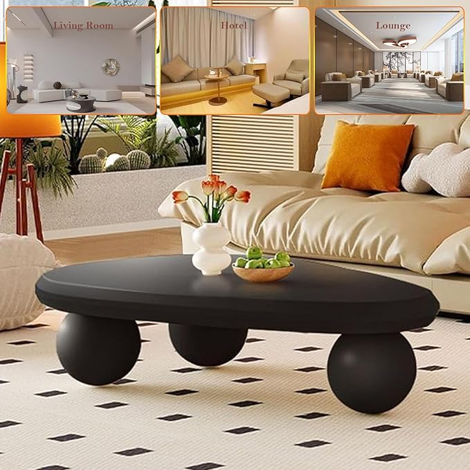 Black Oval Coffee Table - Ball Legs, Stylish Chic Wood Center Table - Smooth Round Corner Finishes Design, Easy to Clean & Assemble (G-39.37in)