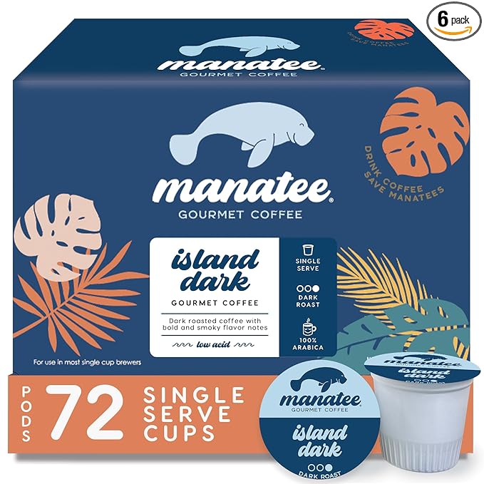 Manatee Gourmet Coffee Single Serve Pods for Keurig 2.0 K Cup Brewers Island Dark Roast, 12 Count, Pack of 6