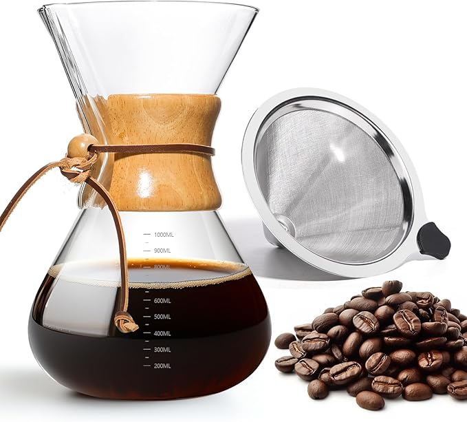 Pour Over Coffee Maker 34 OZ, 10 Cup Borosilicate Glass Drip Coffee Maker with Reusable Stainless Steel Filter and Cork Grip for Home Café 1000 ML