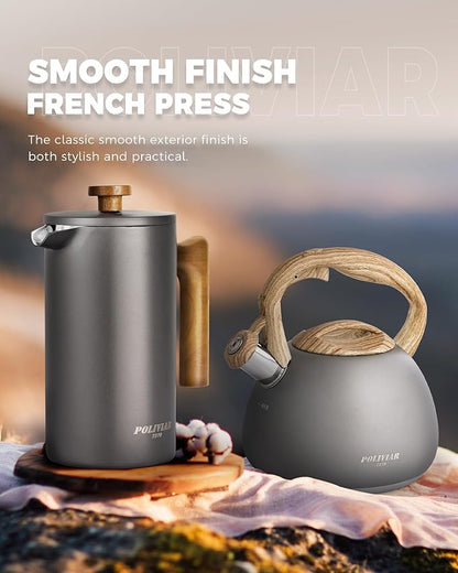 POLIVIAR French Press Coffee Maker, 34 Ounce Coffee Press with Real Wood Handle, Double Wall Insulation & Dual-Filter Screen, Food Grade Stainless Steel for Good Coffee and Tea (Cliff)