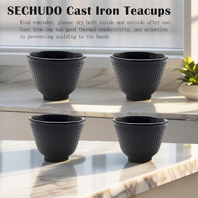 Japanese Cast Iron Tea Cups, Small and Heavy Teacups with no Handles, Japanese Style Cup for Adults, Asian Teacups, Coated with Enameled Interior, 4 Pcs/Box (Black, 2oz/60ml)