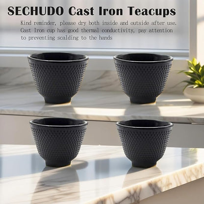 Japanese Cast Iron Tea Cups, Small and Heavy Teacups with no Handles, Japanese Style Cup for Adults, Asian Teacups, Coated with Enameled Interior, 4 Pcs/Box (Black, 2oz/60ml)