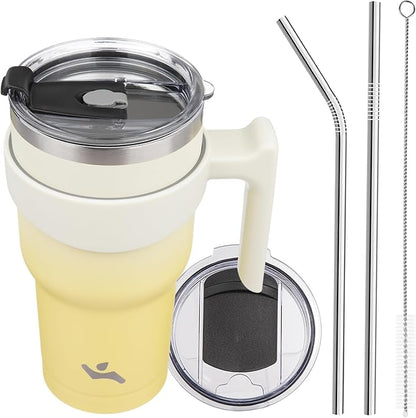 30 oz Tumbler with Handle and 2 Straw 2 Lid, Insulated Water Bottle Stainless Steel Vacuum Cup Reusable Travel Mug,Lemon