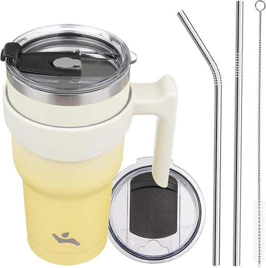 30 oz Tumbler with Handle and 2 Straw 2 Lid, Insulated Water Bottle Stainless Steel Vacuum Cup Reusable Travel Mug,Lemon