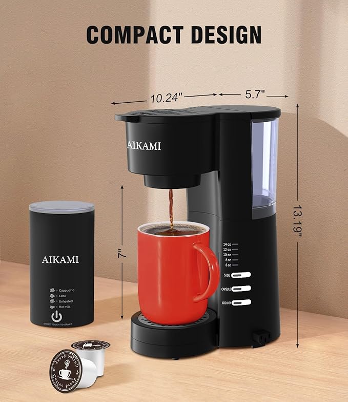 Single Serve Coffee Maker for K Cup & Ground Coffee with Milk Frother, 6 to 14 Oz Brew Sizes, Auto-Off Coffee Machine with Water Reservoir