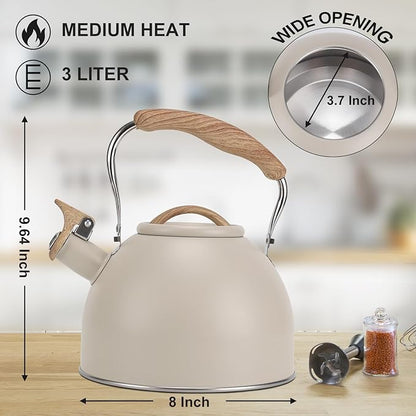 Tea Kettle, Vegoran 100 OZ / 3 Liter Whistling Tea Kettle, Tea Pots for Stove Top Food Grade Stainless Steel with Wood Pattern Folding Handle, Loud Whistle Kettle for Tea, Coffee, Milk (Milk White)