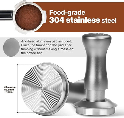MEION Espresso Tamper 58.5mm Coffee Tamper, Calibrated Dual Spring Loaded Barista Tamper with Stainless Steel Base, Comes with aluminum storage pad (58.5MM, Silver)