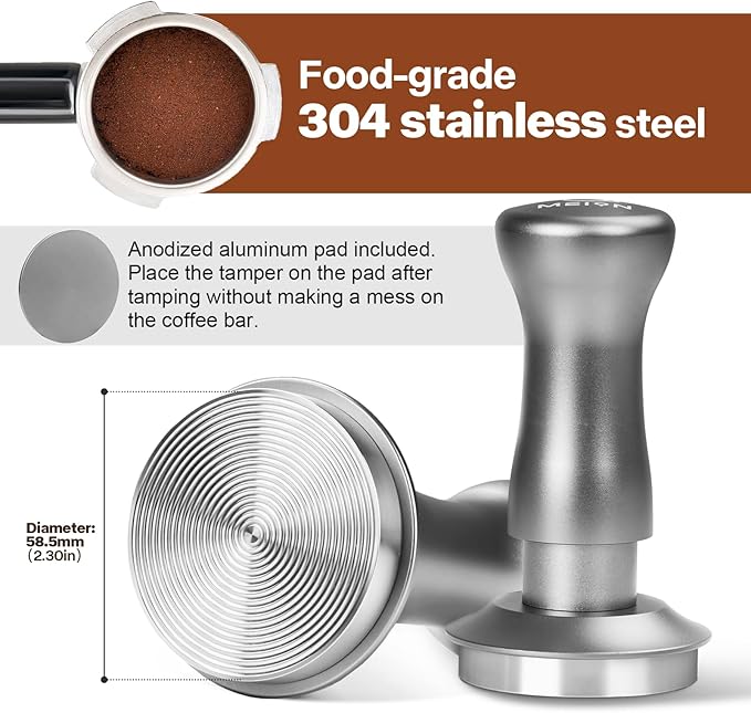 MEION Espresso Tamper 58.5mm Coffee Tamper, Calibrated Dual Spring Loaded Barista Tamper with Stainless Steel Base, Comes with aluminum storage pad (58.5MM, Silver)
