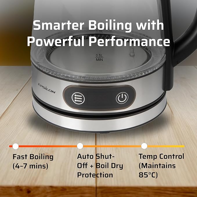 Epsilon 1.8L Glass Electric Kettle – Hot Water Tea Kettle with Borosilicate Glass & Stainless Steel, Auto Shut-Off, Fast Boil 1100W Electric Teapot, BPA-Free, Cool Touch Base