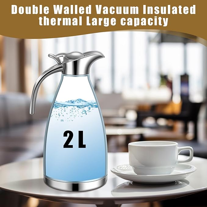 Uiifan 2 Pcs 68 oz Thermal Coffee Carafe Insulated Stainless Steel Coffee Carafe for Hot Liquids Vacuum Thermal Pot Creamer Dispenser with Brushes Keeping Hot Tea Milk Water(Khaki Blue)