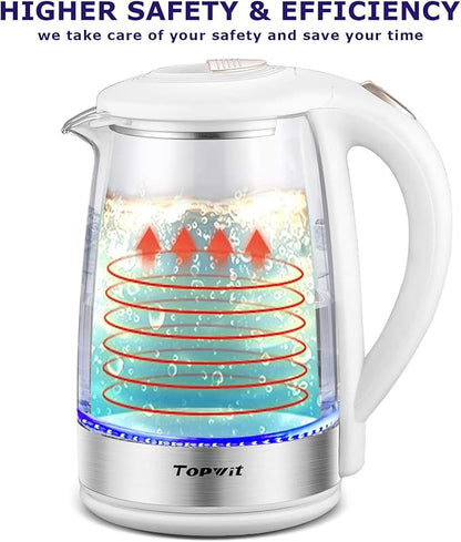 Topwit Electric Kettle Glass Electric Tea Kettle, 2L BPA-Free Hot Water kettle, Stainless Steel Inner Lid and Bottom Water Warmer, Fast Heating with Auto Shut-Off and Boil Dry Protection, White