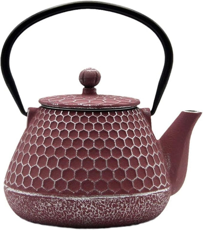 20.3oz Small Cast Iron Teapot, SECHUDO Tea Kettle for Stovetop Safe Coated with Enameled Interior, Pink Tea Pot with Stainless Steel Infuser for Loose Tea (Honeycomb Pattern)