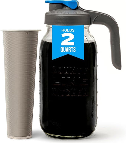 County Line Kitchen Glass Cold Brew Coffee Maker with Lid - Wide Mouth, 2 Quart (64 oz) - Heavy Duty, Leak Proof - Sun & Iced Tea Pitcher, Cold Brew Coffee, Breast Milk Storage, Water - Gray