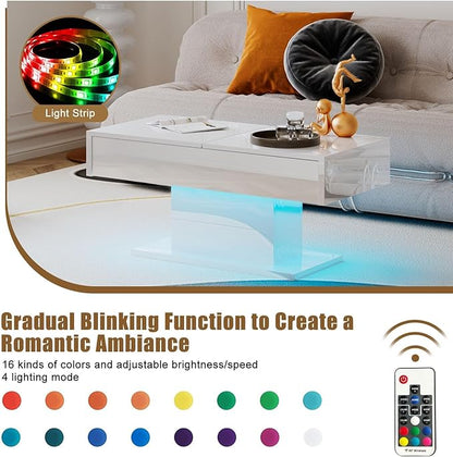 LED Coffee Table with Storage for Living Room, Living Room Table Rectangular Center Table, Modern High Glossy Wooden Coffee Tables with 16 Colors LED Lights for Dining Reception Room, White