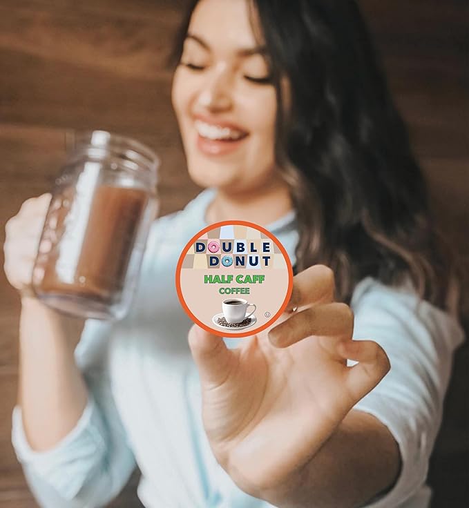 Double Donut Coffee Half Caff Coffee Pods, Single Serve Half Caffeine Coffee Pods For Keurig K Cup Brewers, Medium Roast, 24 Count