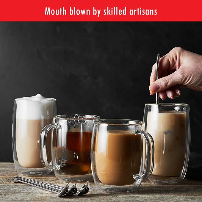 ZWILLING Sorrento Plus 4-pc Double Wall Glass Coffee Mugs, Insulated Coffee Mug, Clear