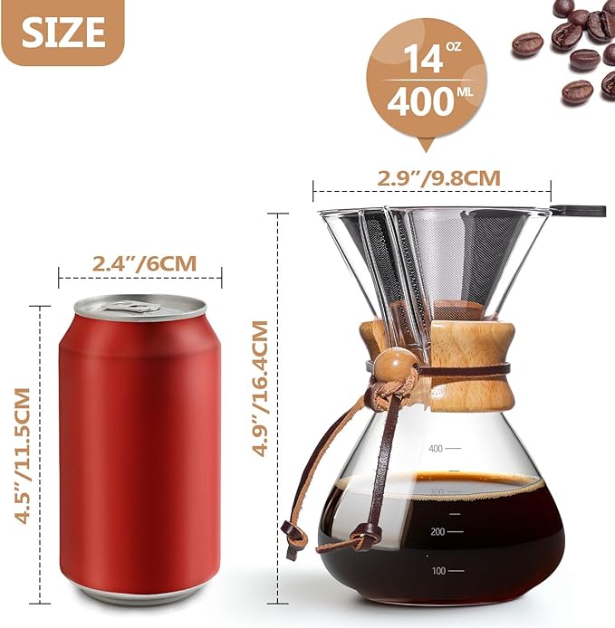 Pour Over Coffee Maker 14 OZ, 4 Cup Borosilicate Glass Drip Coffee Maker with Reusable Stainless Steel Filter and Cork Grip for Home Café 400 ML