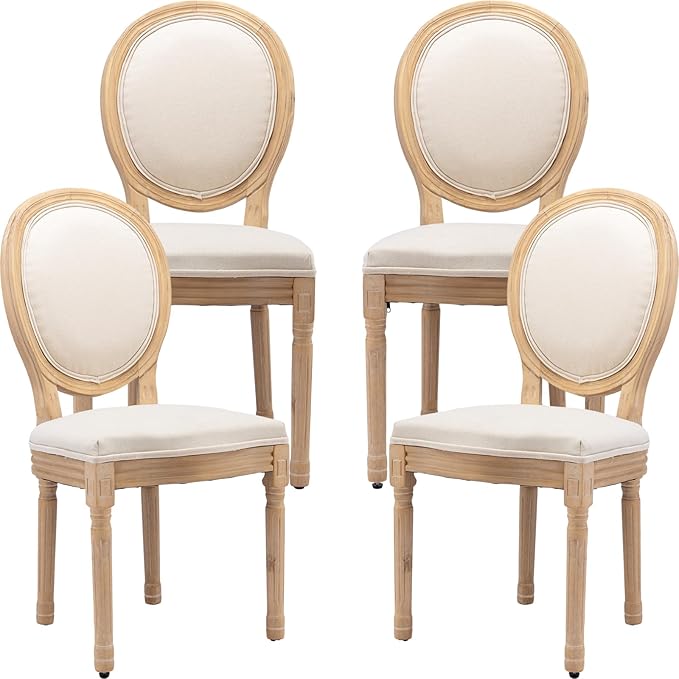 French Country Dining Chairs Set of 4, Beige Round Back Dining Chairs with Linen Upholstered Seat, Solid Wood Legs, Farmhouse Kitchen & Dining Room Chairs, Sillas De Comedor (Beige, 4Pcs)
