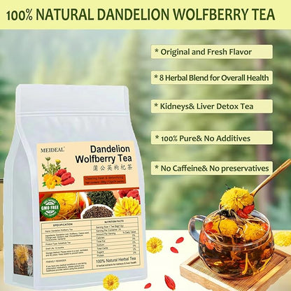 Dandelion Wolfberry Tea, 24 Pcs Organic Dandelion Tea for Kidneys & Liver Health, Eight Natural Chinese Herbal Ingredients Blend with Chrysanthemum, Wolfberry, Cassia Seed (288g (12gx24 packs)