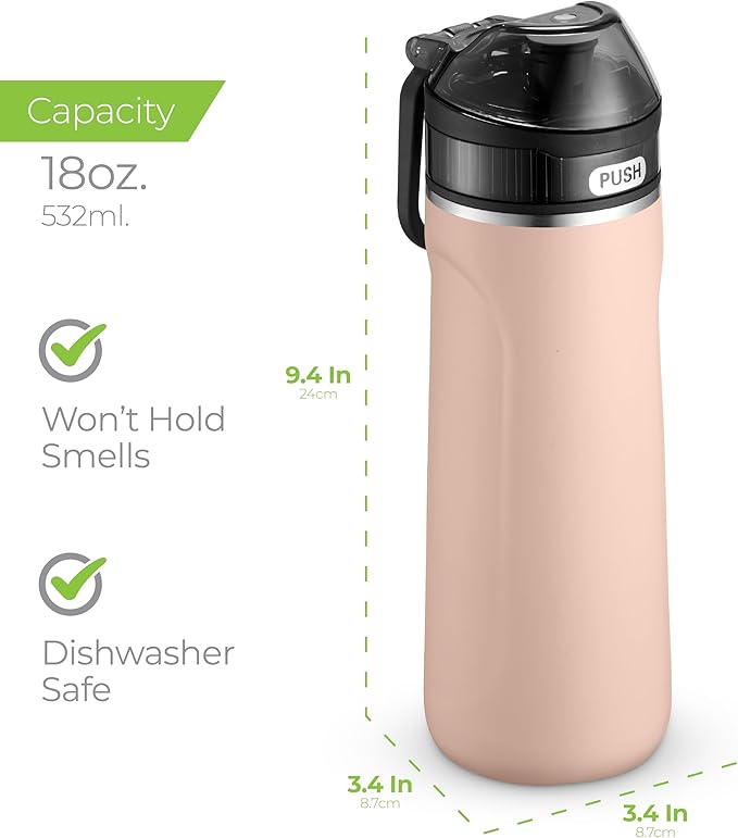 Stainless Steel Water Bottle, 18oz, Peach, Reusable, BPA-Free, Keeps Cold 24hr, Triple Insulated, Leak Proof Straw Lid, Sustainable Material, Hiking