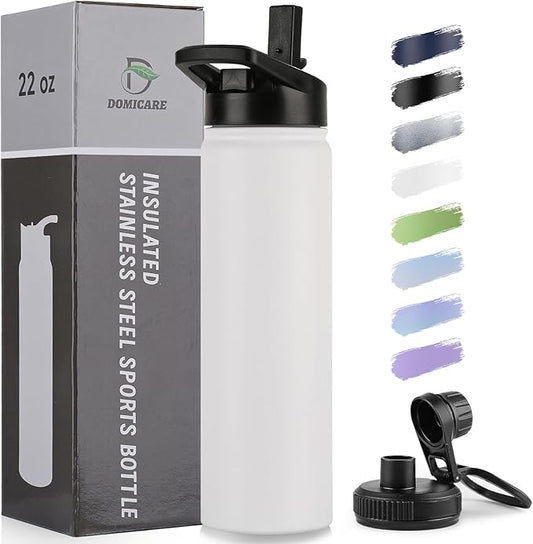 DOMICARE Insulated Water Bottle, 22 oz Vacuum Insulated Stainless Steel Reusable Sports Bottle with Straw Lid & Spout Lid for Travel, Camping, Bike, Leakproof, White, 1 Pack