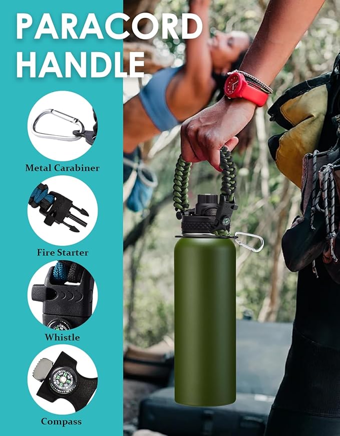 Stainless Steel Sports Water Bottle - 32/40/64 Oz Insulated Water Jug with Straw & Auto Spout Lid, Paracord Handle, Bottle Sleeve, Cold 48H Hot 24H, Sweat-Proof Tactical Flask for Hiking, Army Green