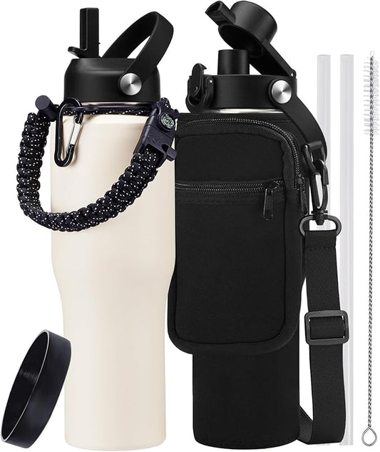 40 32 oz Water Bottle Insulated - with Straw & Auto Chug Lid, Paracord Handle, Metal Water Bottle Carrier Bag, Keep Cold and Hot Travel Coffee Cup Fit for any Car Cup Holder