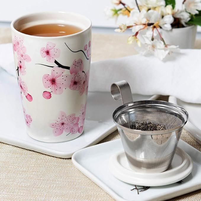 Tea Forte Hanami Double-Walled Ceramic Kati Cup with Removable Stainless Steel Infuser Basket and Lid, Steeps 12 oz Loose Leaf Tea, Lid and Cup Dishwasher & Microwave Safe