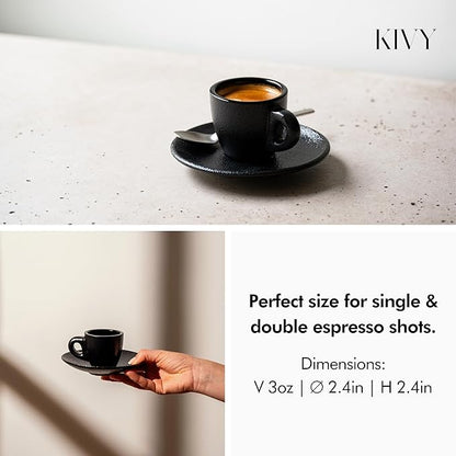 KIVY 3 oz Espresso cups set of 4 - Thick walled stoneware espresso cup set - Italian style cups and saucers - Demitasse cups set of 4 - Espresso mugs black - Coffee shot cups & saucers