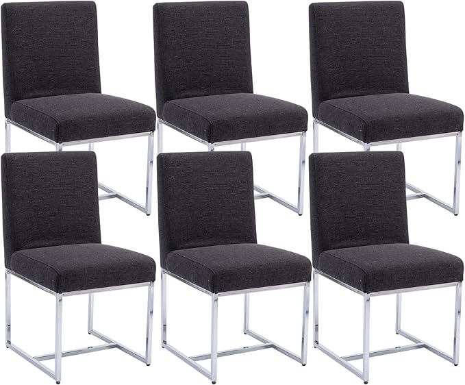CIMOTA Black Modern Dining Chairs Set of 6, Upholstered Dining Room Chairs Armless Guest Side Chair with Chrome Base for Dining Room/Kitchen, Charcoal Black, 6PCS
