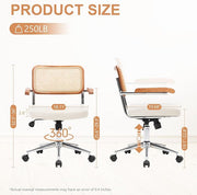 Rattan Office Chairs, Modern Rattan Desk Chair with Natural Back & Wood Armrest, Small Upholstered Tufted Leather Home Office Desk Chairs for Home Office, Bedroom, Study, White