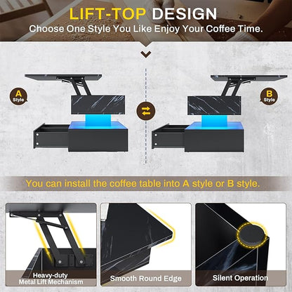 SEDETA 40" Lift Top Coffee Table, Coffee Tables with Storage for Living Room, Small Coffee Table with 2 Drawers & LED Light for Dining Reception Room, Black Marble