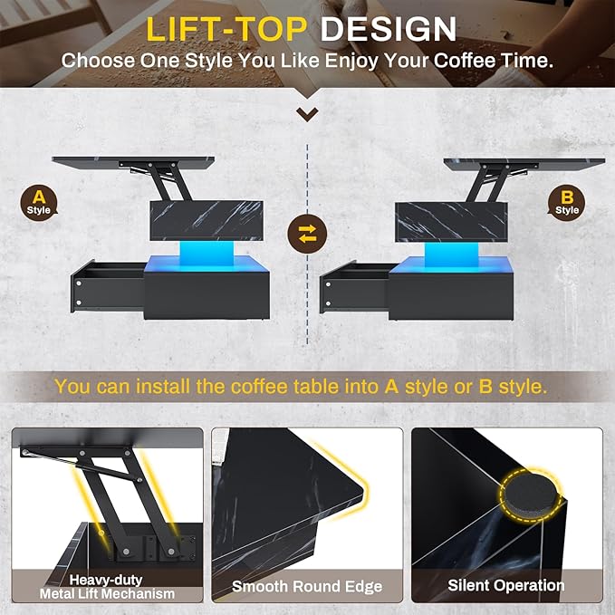 SEDETA 40" Lift Top Coffee Table, Coffee Tables with Storage for Living Room, Small Coffee Table with 2 Drawers & LED Light for Dining Reception Room, Black Marble