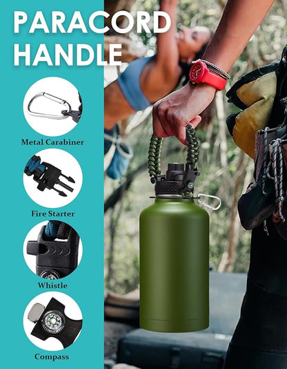 Stainless Steel Water Bottles 64oz - Insulated Half Gallon Water Jug with Straw & Chug Lid, Metal Tactical Canteen for Gym Sports Workout Hiking with Paracord Handle, Strap Carry Sleeve, Army Green