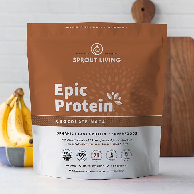 Sprout Living Epic Protein, Plant Based Protein & Superfoods Powder, Chocolate Maca Powder | 20 Grams Organic Protein Powder, Vegan, Non Dairy, Non-GMO, Gluten Free, Low Sugar (5 Pound, 60 Servings)