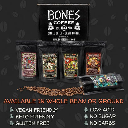 Bones Coffee Company NEW World Tour Sample Pack, Single-Origin Flavored Coffee Medium Roast Arabica Beans Specialty Coffee Gifts Compatible Auto Drip and French Press, 4 oz Pack of 5 Whole Bean