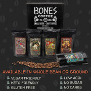 Bones Coffee Company NEW World Tour Sample Pack Box Set with Specialty Coffee Mug, 5 Assorted Single-Origin Low Acid Medium Roast Arabica Beans Flavored Coffee Gifts, 4 oz Pack of 5 Whole Bean