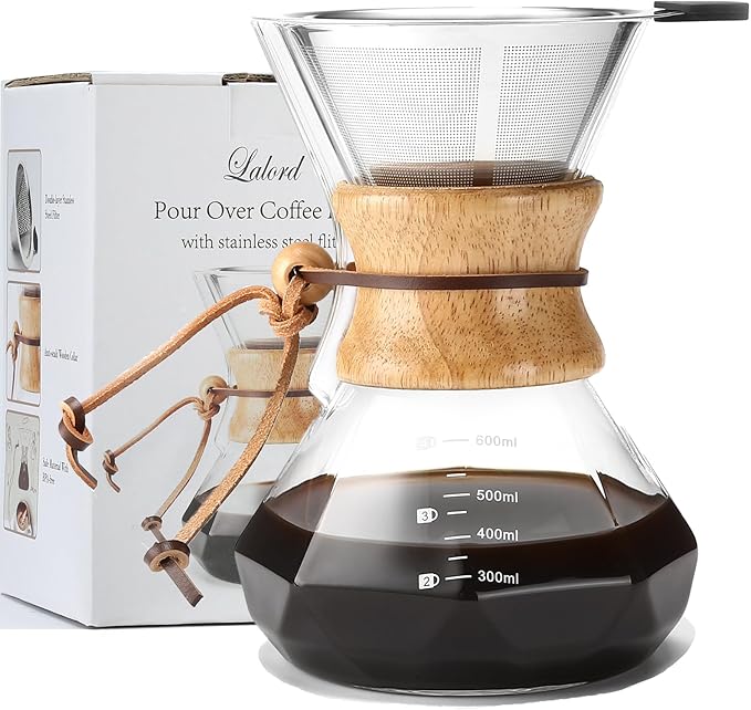 Pour Over Coffee Maker with Stainless Steel Filter, 20 oz Borosilicate Glass Coffee Carafe, Wooden Collar, Coffee Maker Carafe, Hold 3-4 Cups, 600 ml, Clear