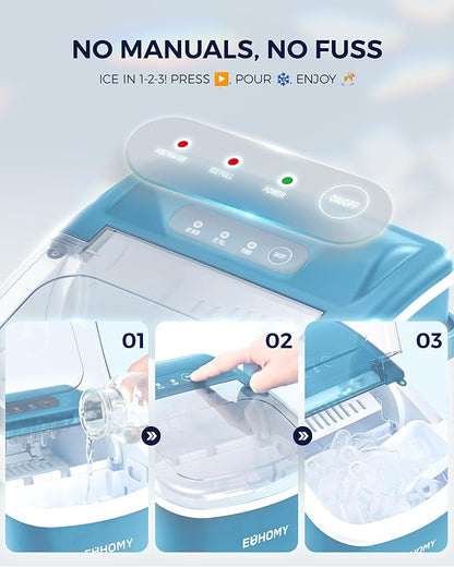 EUHOMY Countertop Ice Maker Machine with Handle, 26lbs Per Day, 9 Ice Cubes Ready in 6 Mins, Auto-Cleaning Portable Ice Maker with Basket and Scoop, for Home/Kitchen/Camping/RV (Blue)