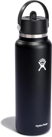 Hydro Flask Water Bottle - Insulated Stainless Steel - Wide Straw Lid, Non Spill, Leakproof in 40 Oz Black