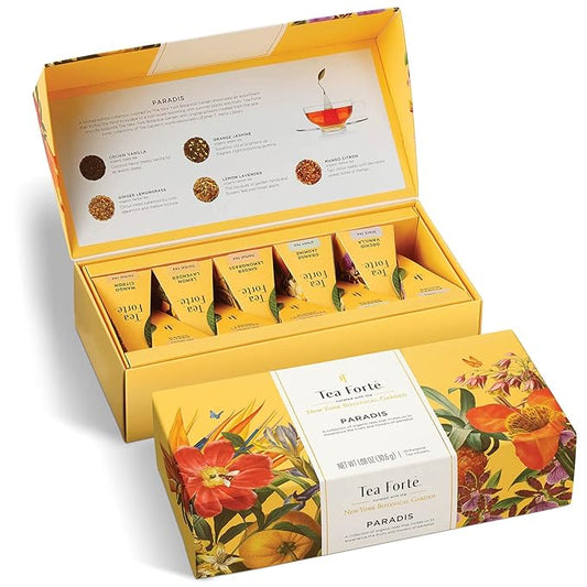 Tea Forte Paradis Petite Presentation Box Tea Gift Set Sampler, 10 Count, 2 of Each Variety Individually Wrapped Handcrafted Pyramid Infuser Bags